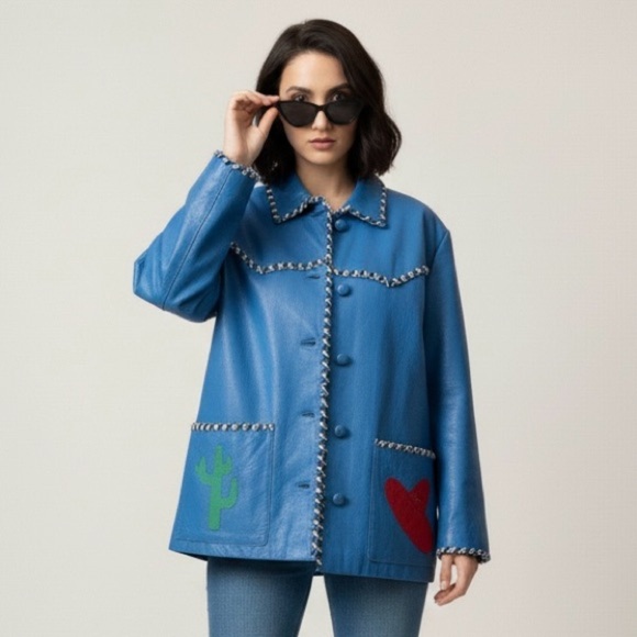 Vintage Jackets & Blazers - Vintage 80s Hannah Pang Blue Patchwork Leather Southwestern Jacket - M/L